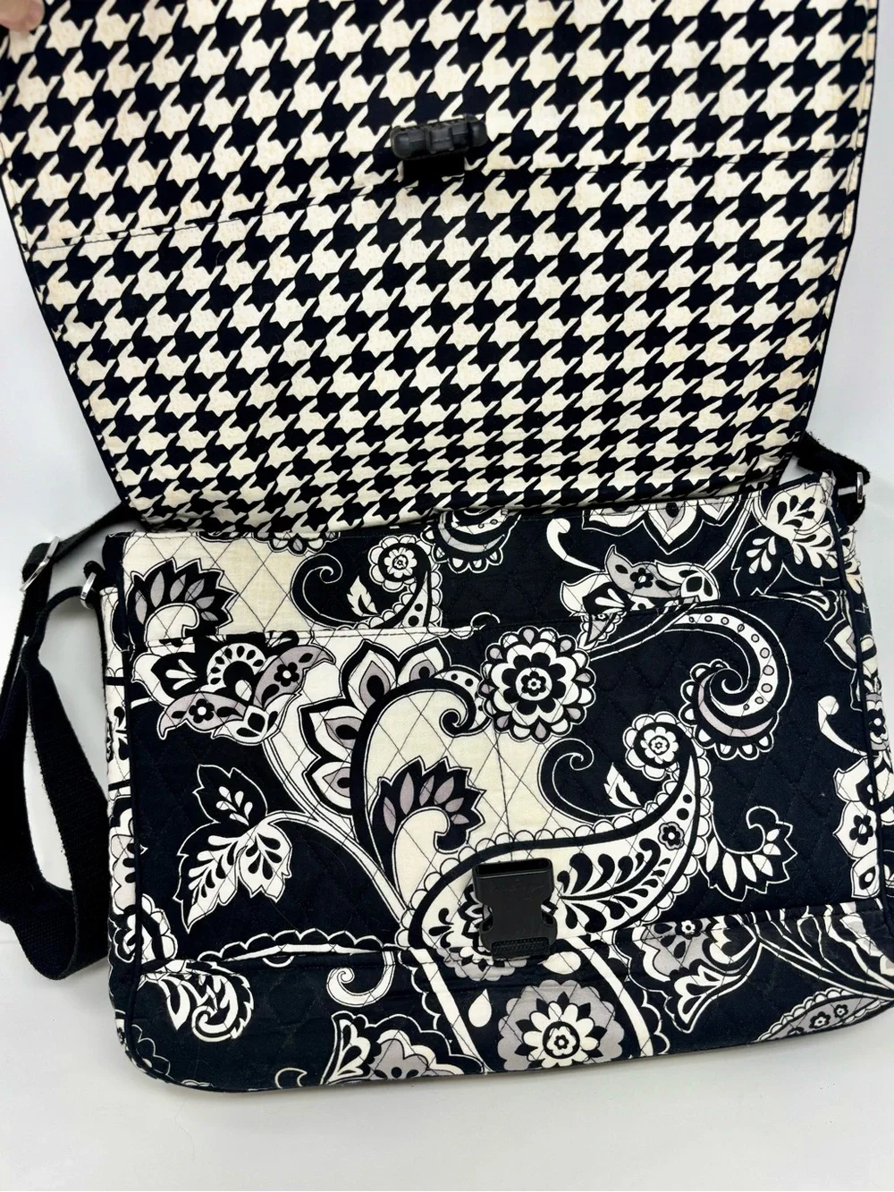 Vera Bradley Midnight Paisley Black White Laptop Tote Crossbody Messenger Bag